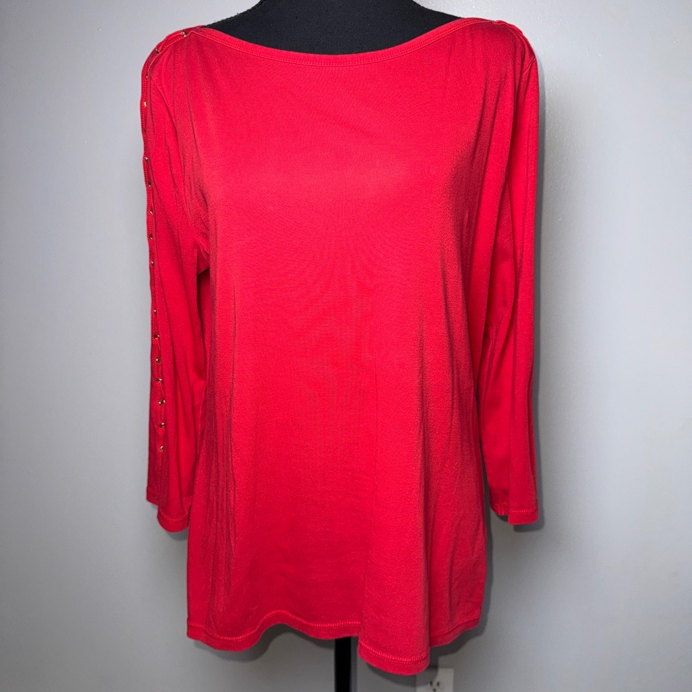 Lauren Ralph Lauren Red Boat Neck Top Lace Up Grommet 3/4 Sleeve XL